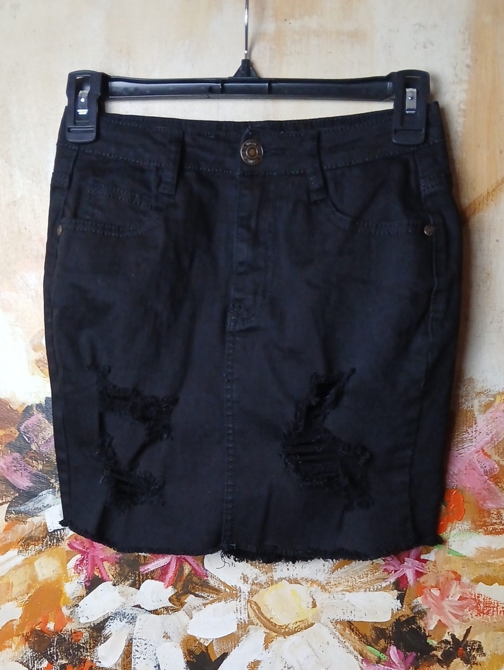Machine Black Distressed Mini Skirt